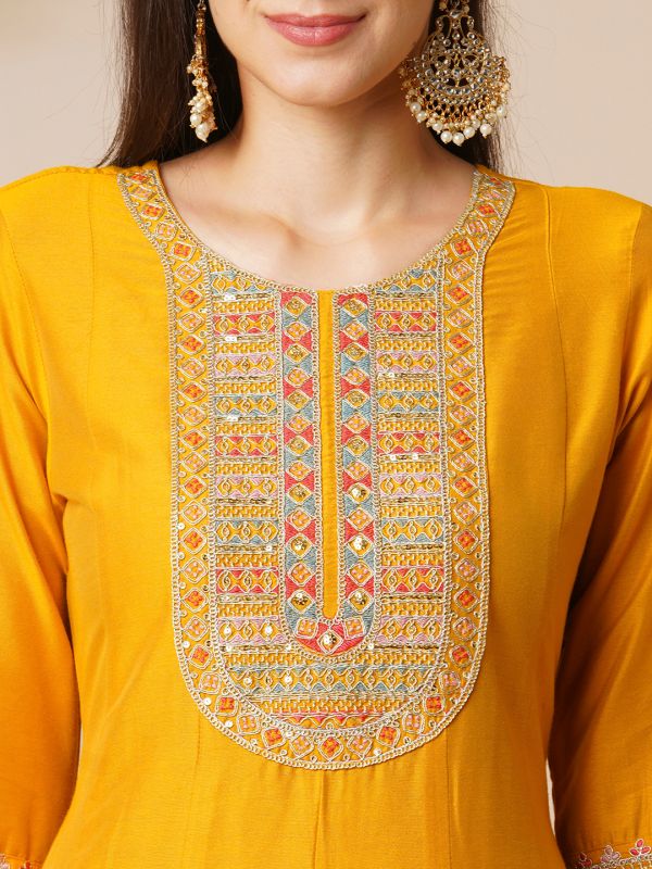 Globus Women Yellow Embroidered Yoke Panelled Anarkali Kurta With Pants & Scalloped Border Organza Dupatta Festive Set