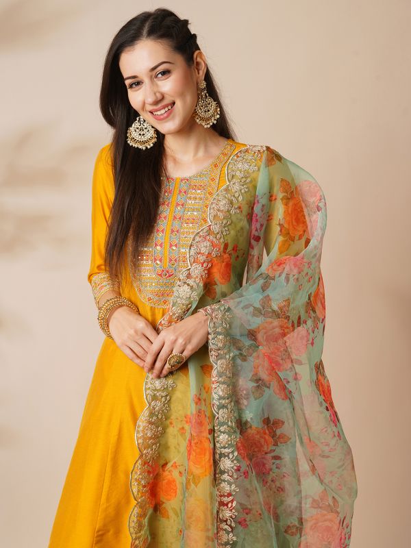 Globus Women Yellow Embroidered Yoke Panelled Anarkali Kurta With Pants & Scalloped Border Organza Dupatta Festive Set