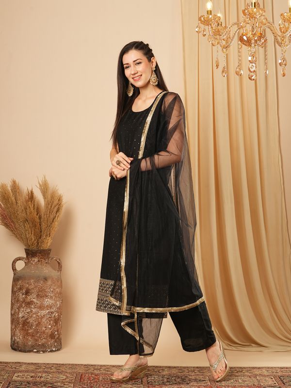 Globus Women Black Gold Foil Polka Dots Sequinned Border Straight Kurta, Elasticated Pants & Fringe Dupatta Festive Set