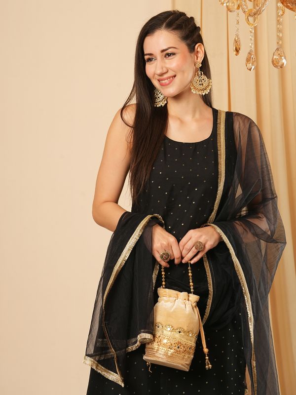 Globus Women Black Gold Foil Polka Dots Sequinned Border Straight Kurta, Elasticated Pants & Fringe Dupatta Festive Set