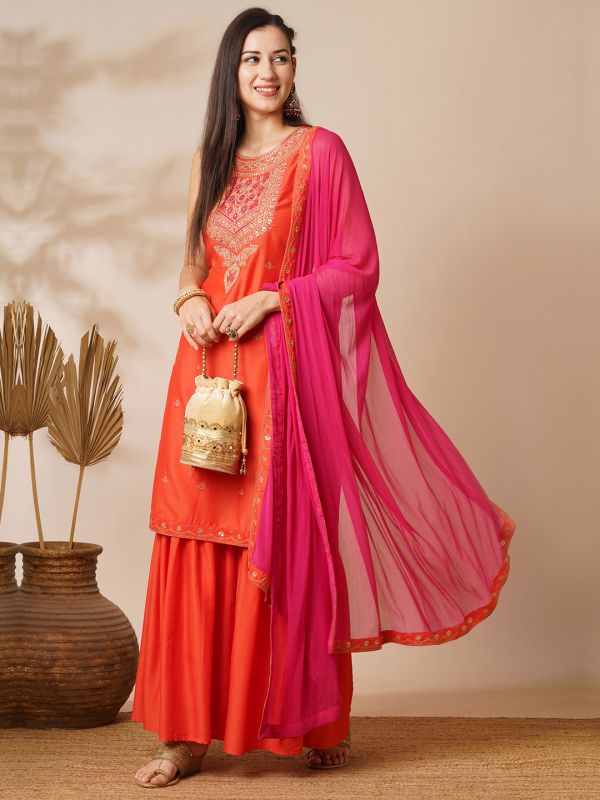 Globus Women Orange Sequin Embroidered Yoke Straight Kurta With Sharara & Patched Lace Contrast Dupatta Festive Set