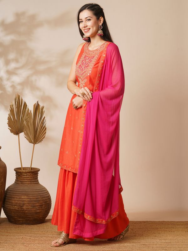 Globus Women Orange Sequin Embroidered Yoke Straight Kurta With Sharara & Patched Lace Contrast Dupatta Festive Set