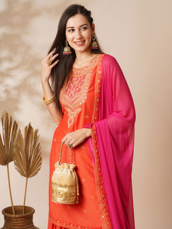 Globus Women Orange Sequin Embroidered Yoke Straight Kurta With Sharara & Patched Lace Contrast Dupatta Festive Set