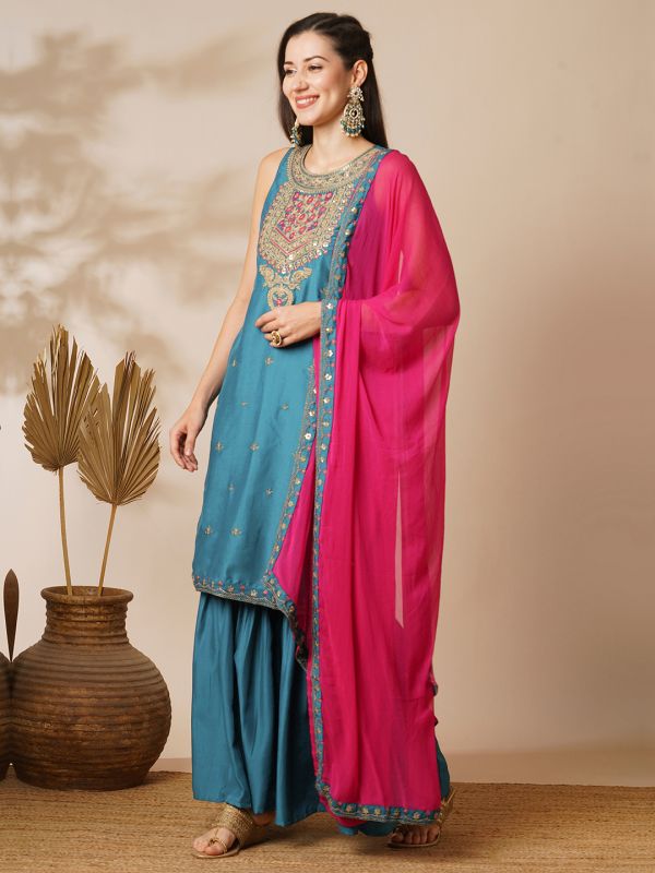 Globus Women Teal Sequin Embroidered Yoke Straight Kurta With Sharara & Patched Lace Contrast Dupatta Festive Set