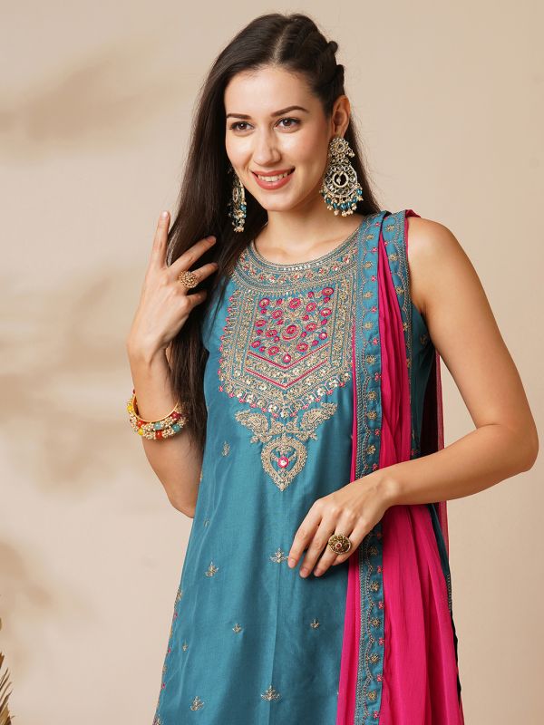 Globus Women Teal Sequin Embroidered Yoke Straight Kurta With Sharara & Patched Lace Contrast Dupatta Festive Set