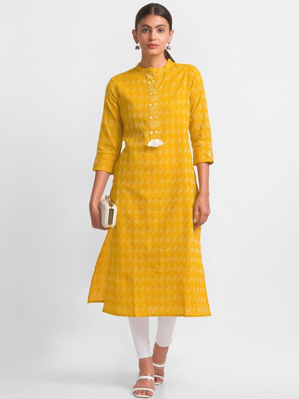 Globus Yellow Dobby Kurta