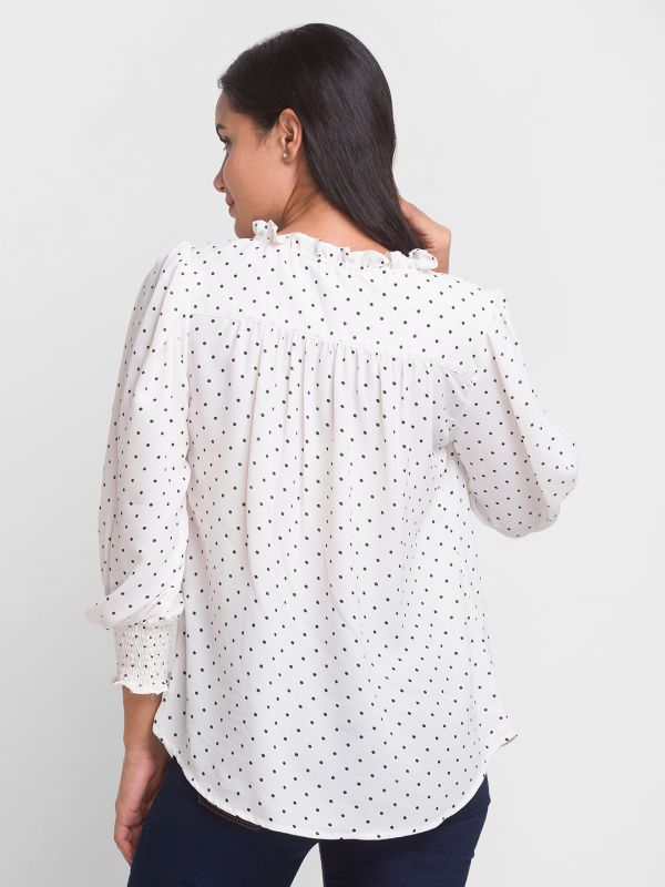 Globus Women White Polka Dots Tie-Up Neck Crepe Shirt Style Top