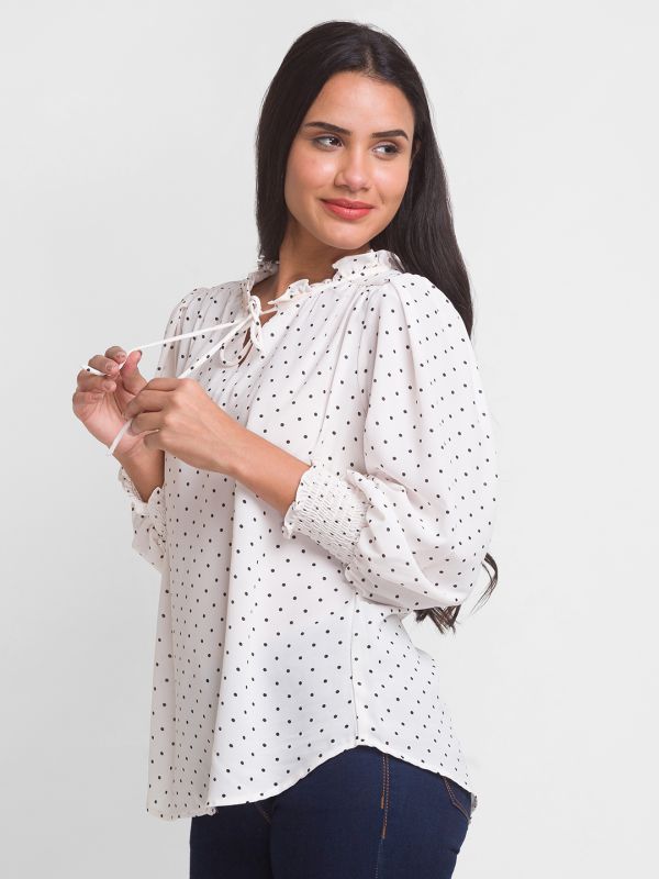 Globus Women White Polka Dots Tie-Up Neck Crepe Shirt Style Top