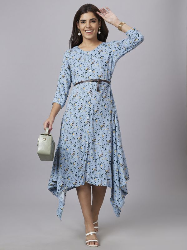 Globus Women Blue Printed Round Neck A-Line Belted Midi Dress