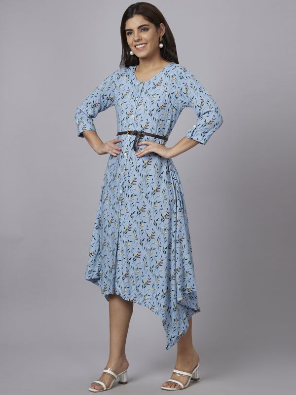 Globus Women Blue Printed Round Neck A-Line Belted Midi Dress