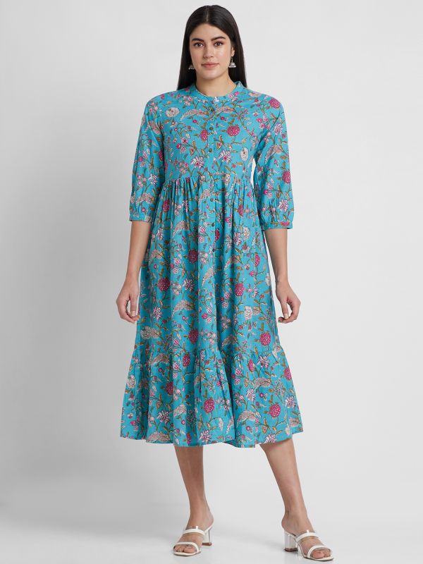 Globus Women Teal Printed Mandarin Collar A-Line Midi Dress