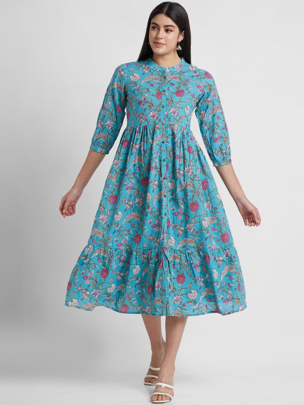 Globus Women Teal Printed Mandarin Collar A-Line Midi Dress