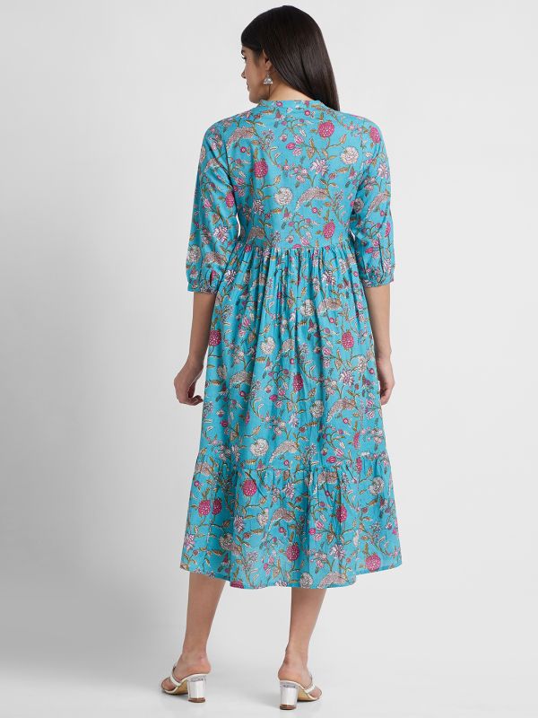 Globus Women Teal Printed Mandarin Collar A-Line Midi Dress