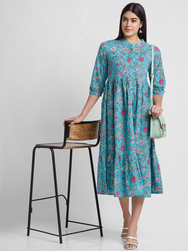 Globus Women Teal Printed Mandarin Collar A-Line Midi Dress