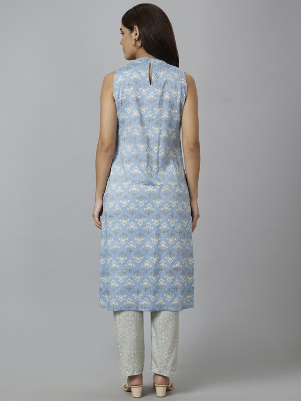 Globus Women Blue Printed Band Collar Straight Kurta Set with Trouser