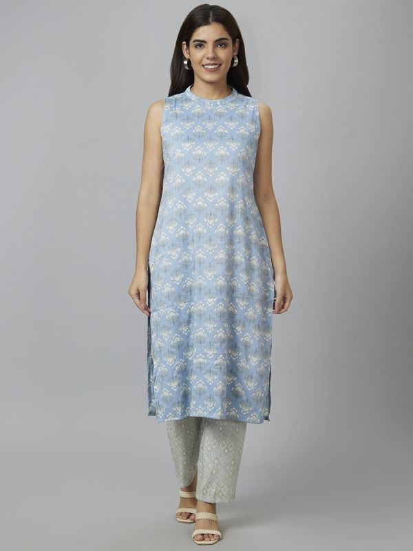 Globus Women Blue Printed Band Collar Straight Kurta Set with Trouser