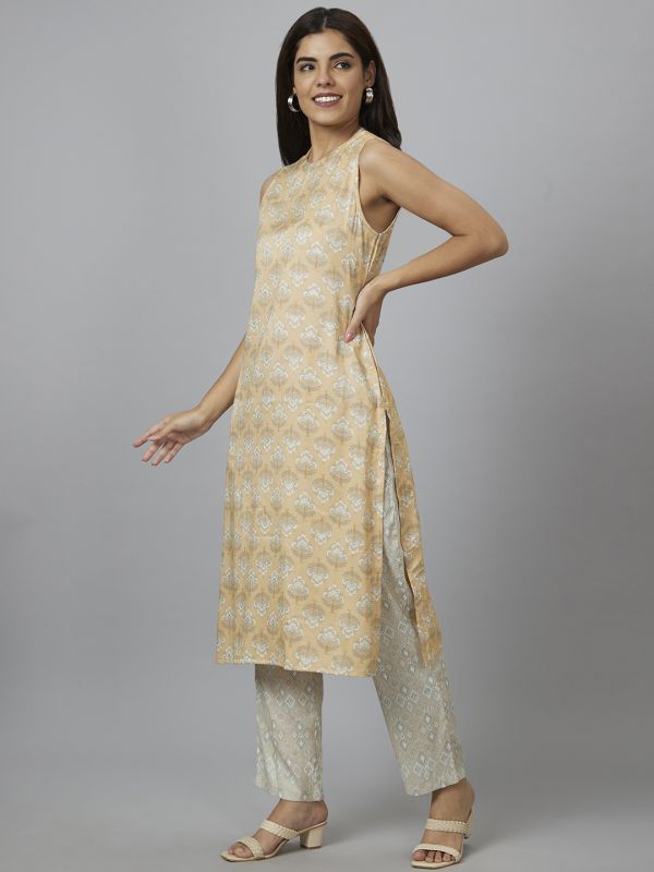 Globus Women Yellow Printed Band Collar Straight Kurta Set with Trouser