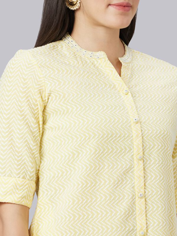 Globus Women Yellow Embroidered Mandarin Collar Straight Kurta