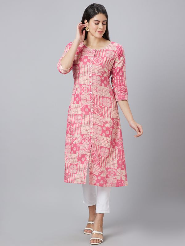 Globus Women Pink Printed Round Neck A-Line Kurta