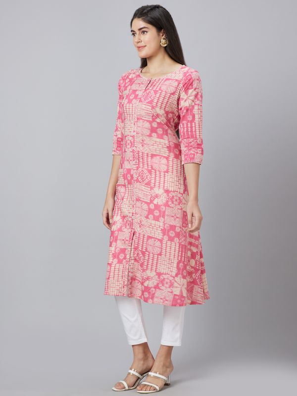 Globus Women Pink Printed Round Neck A-Line Kurta