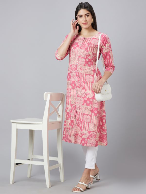 Globus Women Pink Printed Round Neck A-Line Kurta