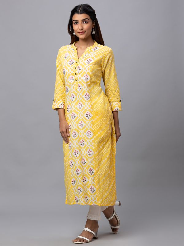 Globus Women Yellow Printed Mandarin Collar 3/4 Sleeves Straight Kurta