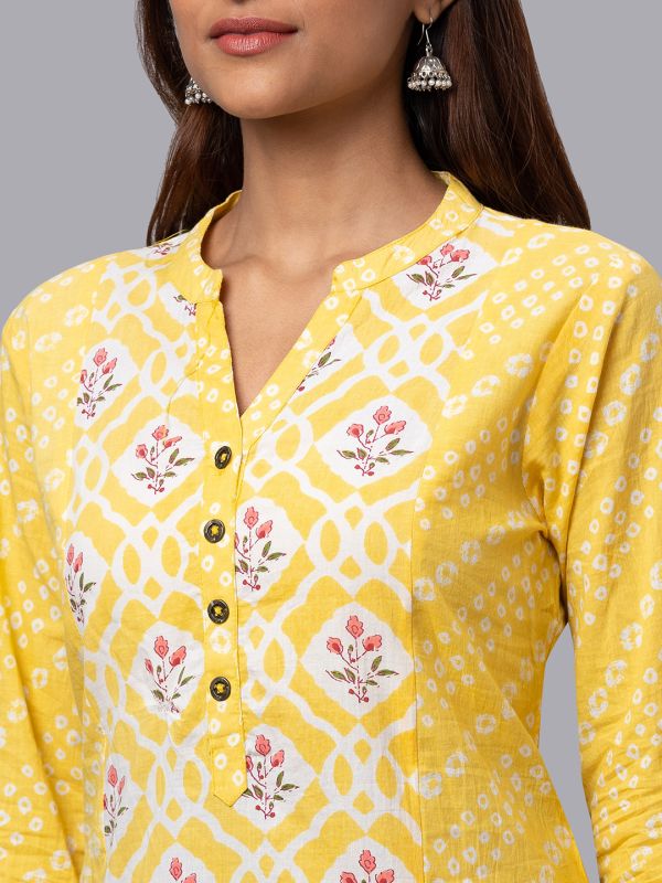 Globus Women Yellow Printed Mandarin Collar 3/4 Sleeves Straight Kurta