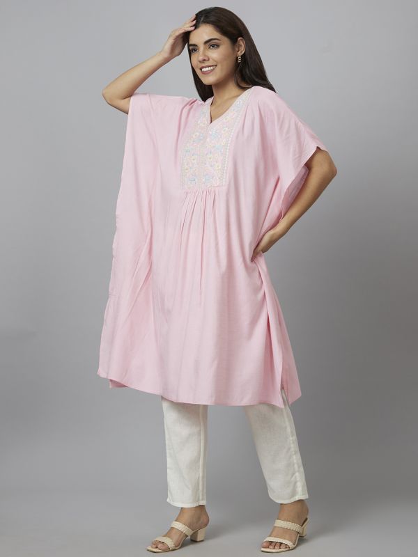 Globus Women Pink Embroidered Kaftan Kurta