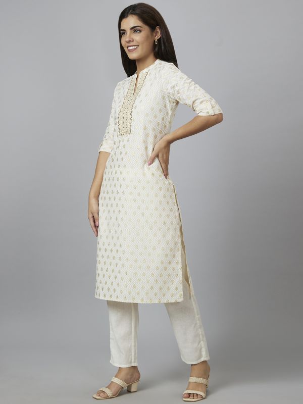 Globus Women Off White Printed Straight Kurta