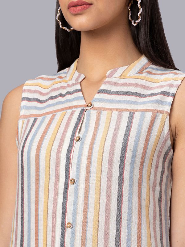 Globus Women Multi Striped Mandarin Collar A Line Sleeveless Kurta