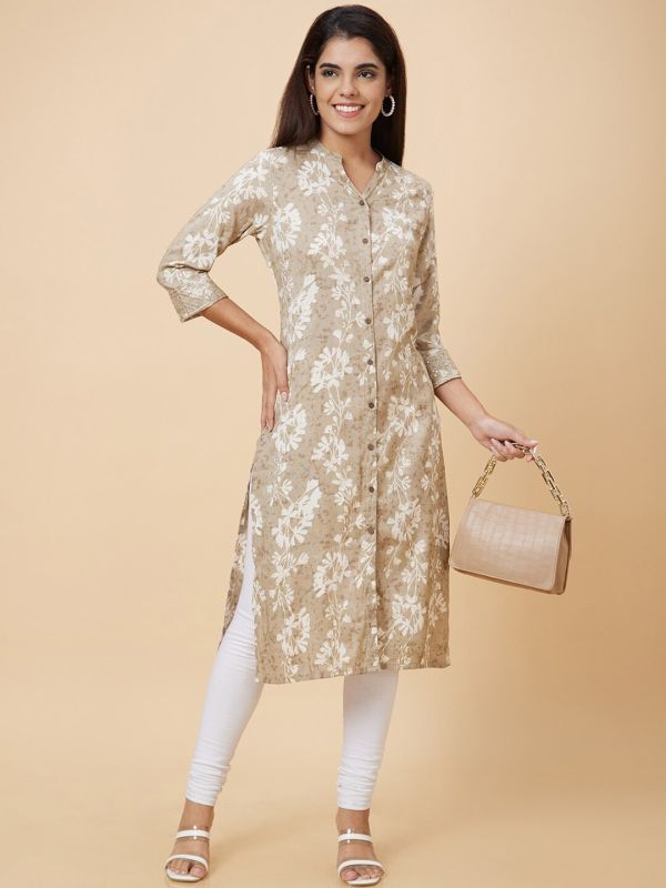 Globus Women Grey Printed Straight Kurta