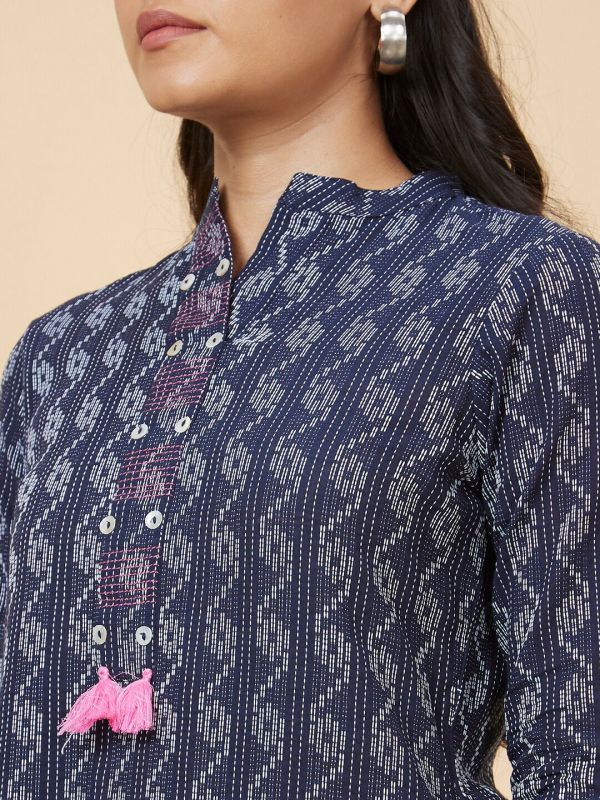 Globus Women Blue Woven Design Straight Kurta