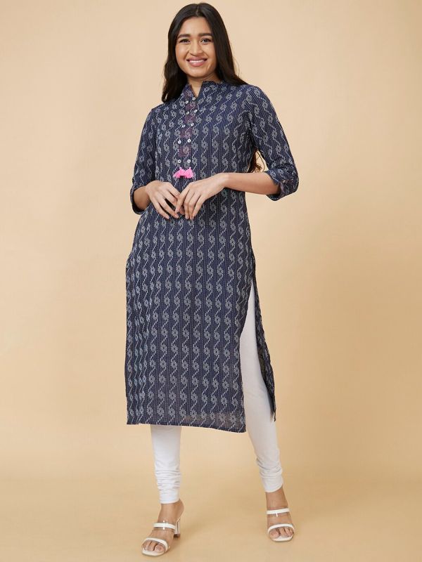 Globus Women Blue Woven Design Straight Kurta