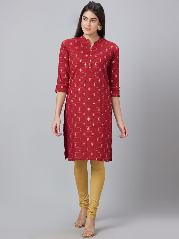 Globus Women Maroon Printed Mandarin Collar Straight Kurta