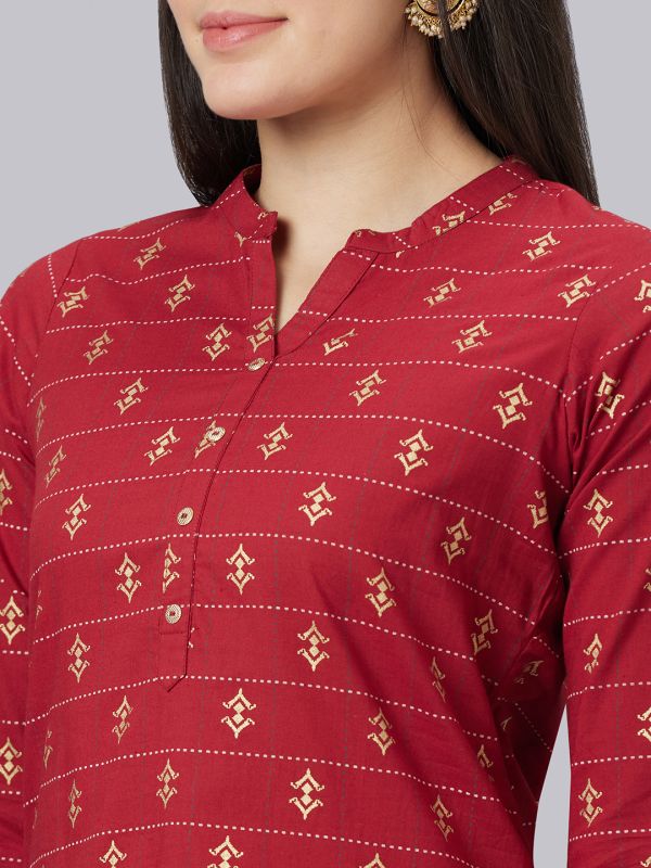 Globus Women Maroon Printed Mandarin Collar Straight Kurta