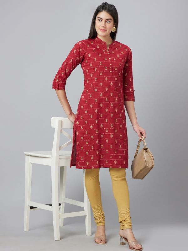 Globus Women Maroon Printed Mandarin Collar Straight Kurta