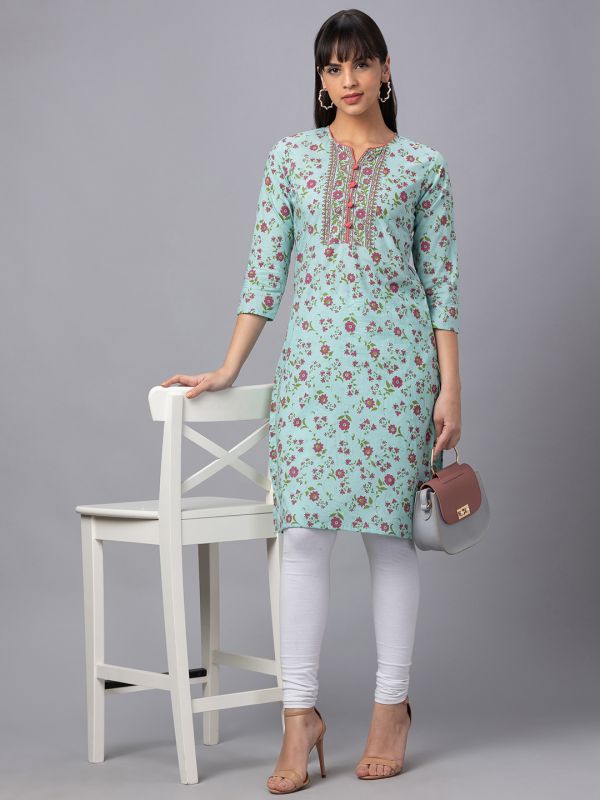 Globus Women Light Blue Printed Round Neck 3/4 Sleeves Straight Kurta