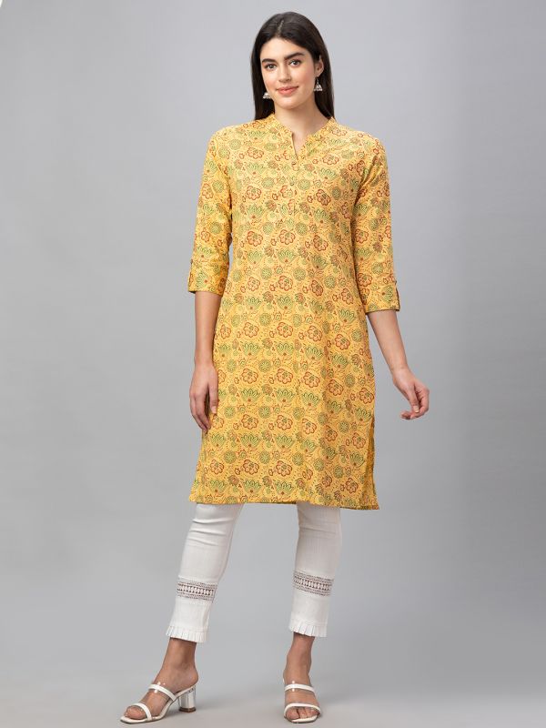 Globus Women Yellow Printed Mandarin Collar 3/4 Sleeves Straight Kurta