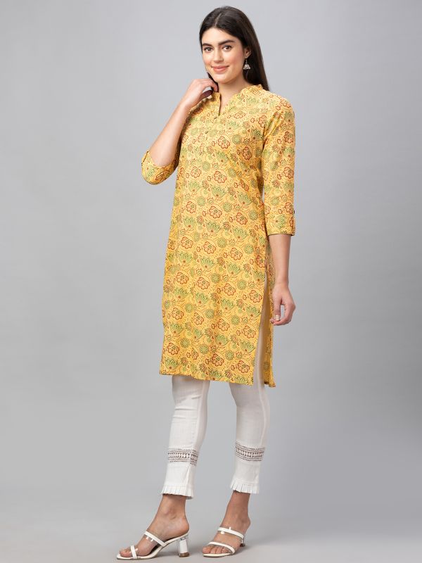 Globus Women Yellow Printed Mandarin Collar 3/4 Sleeves Straight Kurta