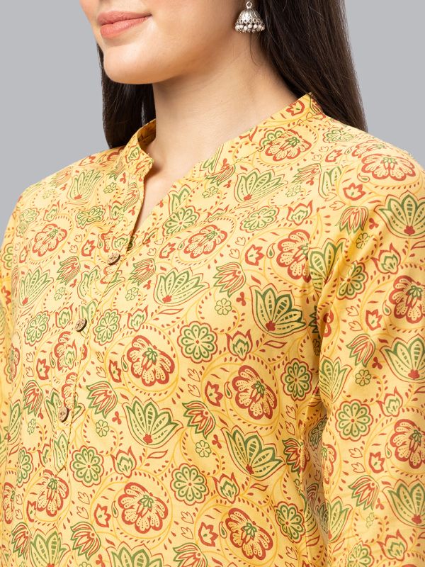 Globus Women Yellow Printed Mandarin Collar 3/4 Sleeves Straight Kurta