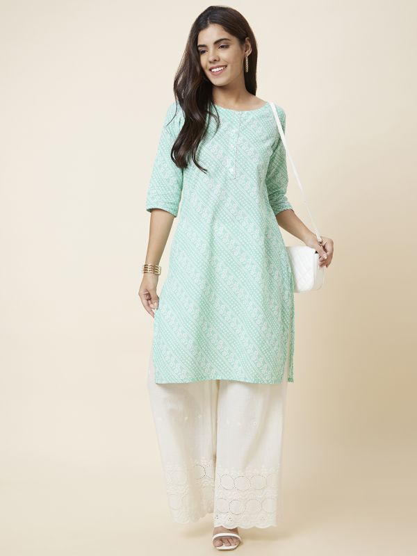 Globus Women Green Printed Straight Kurta