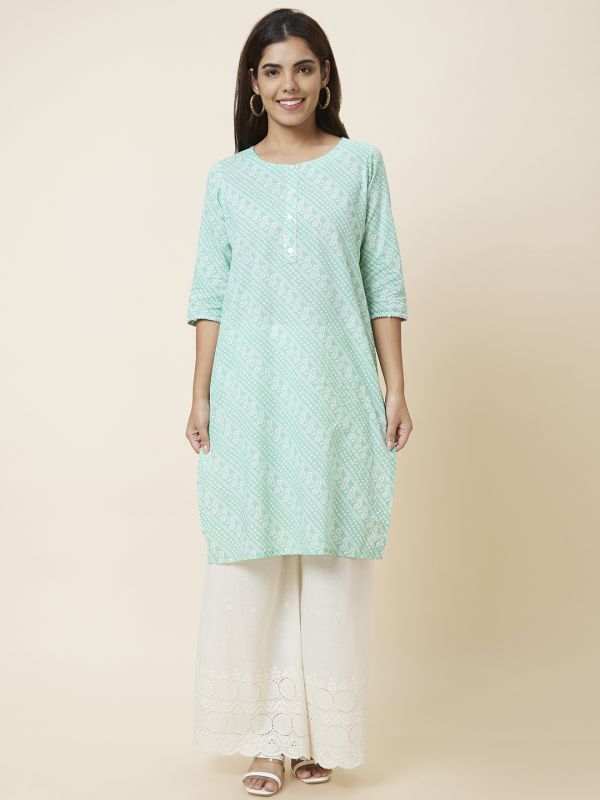 Globus Women Green Printed Straight Kurta