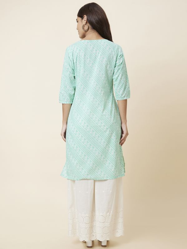 Globus Women Green Printed Straight Kurta