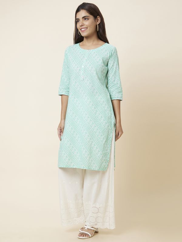 Globus Women Green Printed Straight Kurta