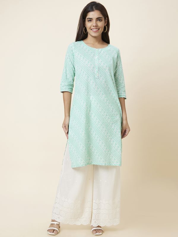 Globus Women Green Printed Straight Kurta