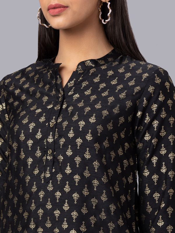 Globus Women Black Mandarin Collar 3/4 Sleeves Gold Printed Straight Kurta