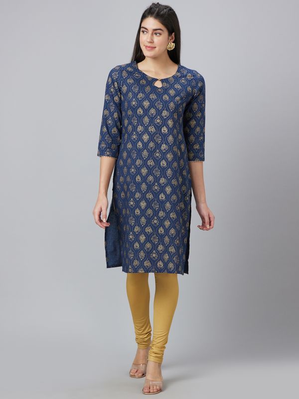 Globus Women Navy Printed Keyhole Neck Straight Kurta