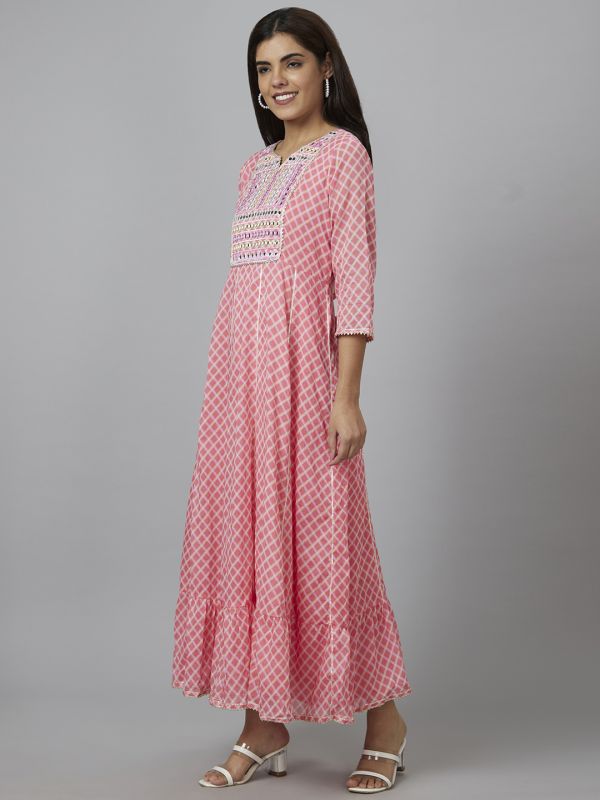 Globus Women Pink Checked Round Neck Fit and Flare Maxi Dress