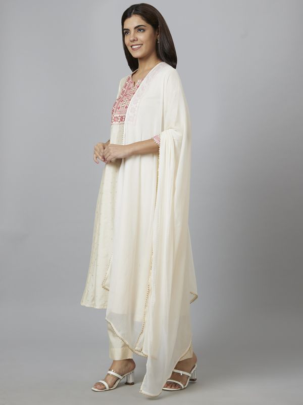 Globus Women Off White Embroidered A-Line Kurta Set with Trouser and Dupatta