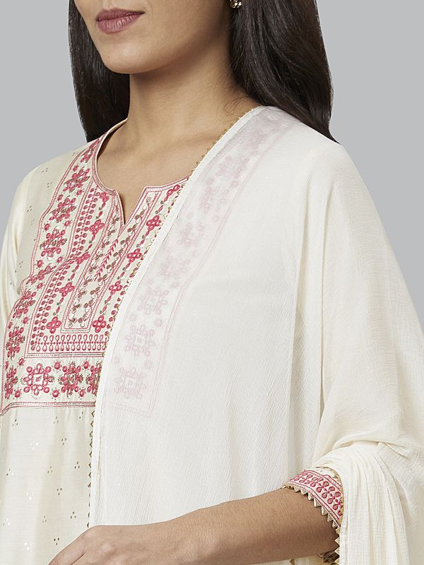 Globus Women Off White Embroidered A-Line Kurta Set with Trouser and Dupatta